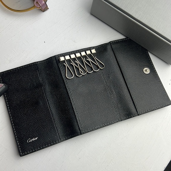 Auth. Cartier Santos Leather 4 Ring Key Case Black Logo Unisex Vintage - Picture 2 of 16